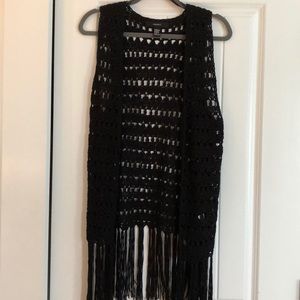 Black Long Fringed Crochet Vest
